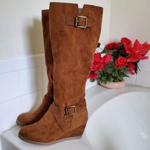 Forever 21 Faux Suede Brown Wedge Buckle Boots